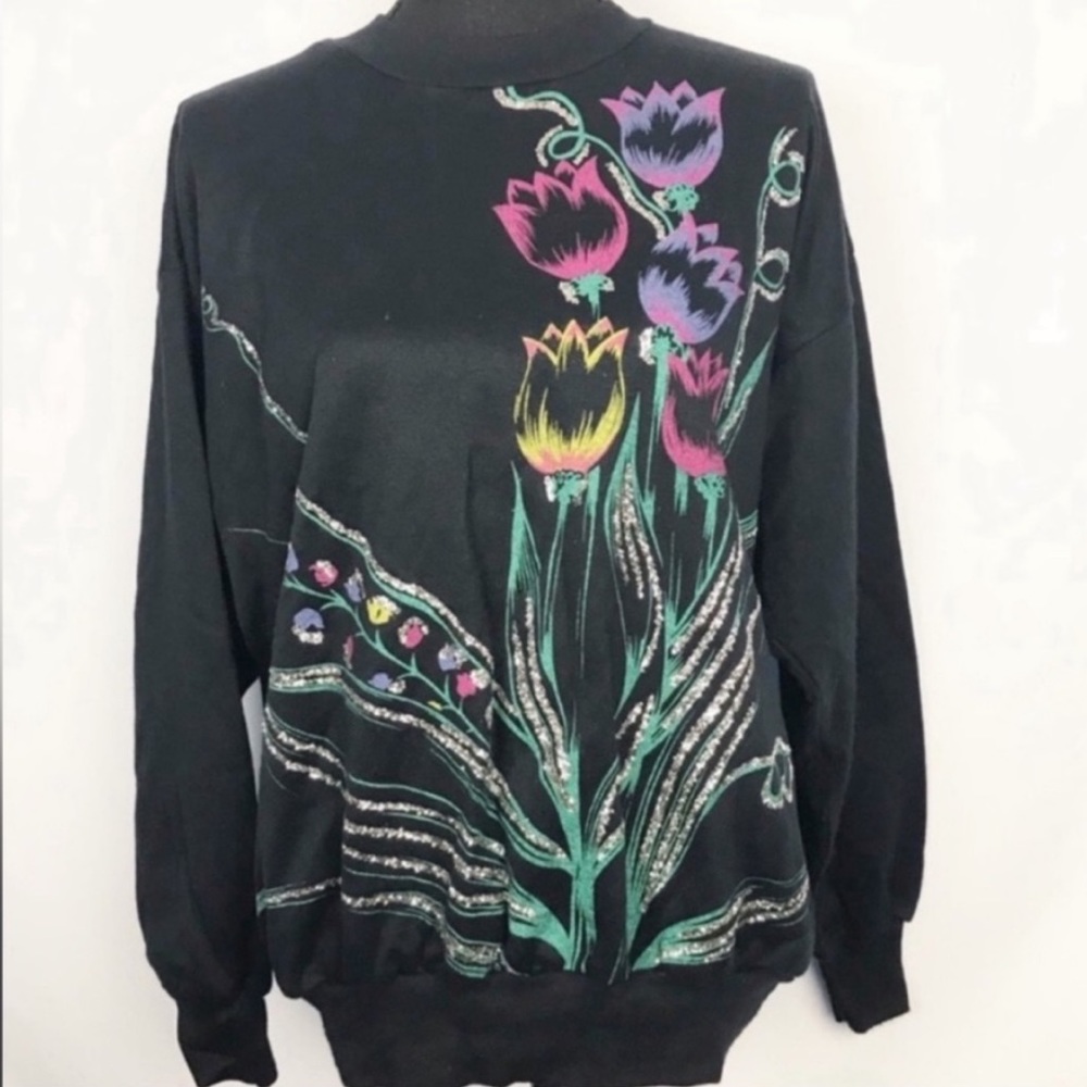 Vintage Glitter Tulip Graphic Floral Black Crewneck